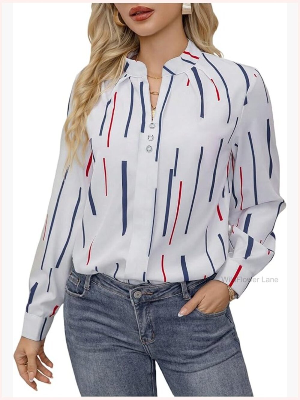 Striped Button Down Blouse, V-Neck Long Sleeve Collared Shirt, Business Outfit